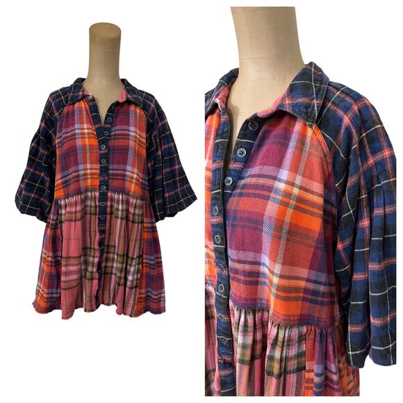 Free People Blouse XS Oversize Moon Bay Mixed Plaid Flannel Berry Combo - Picture 4 of 11